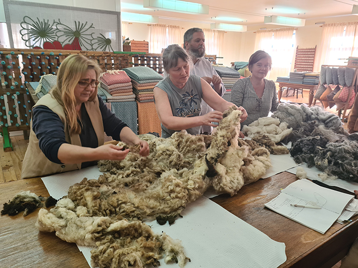 Ingvild and the hiWool team examining Portuguese wool on a visit to Portugal.