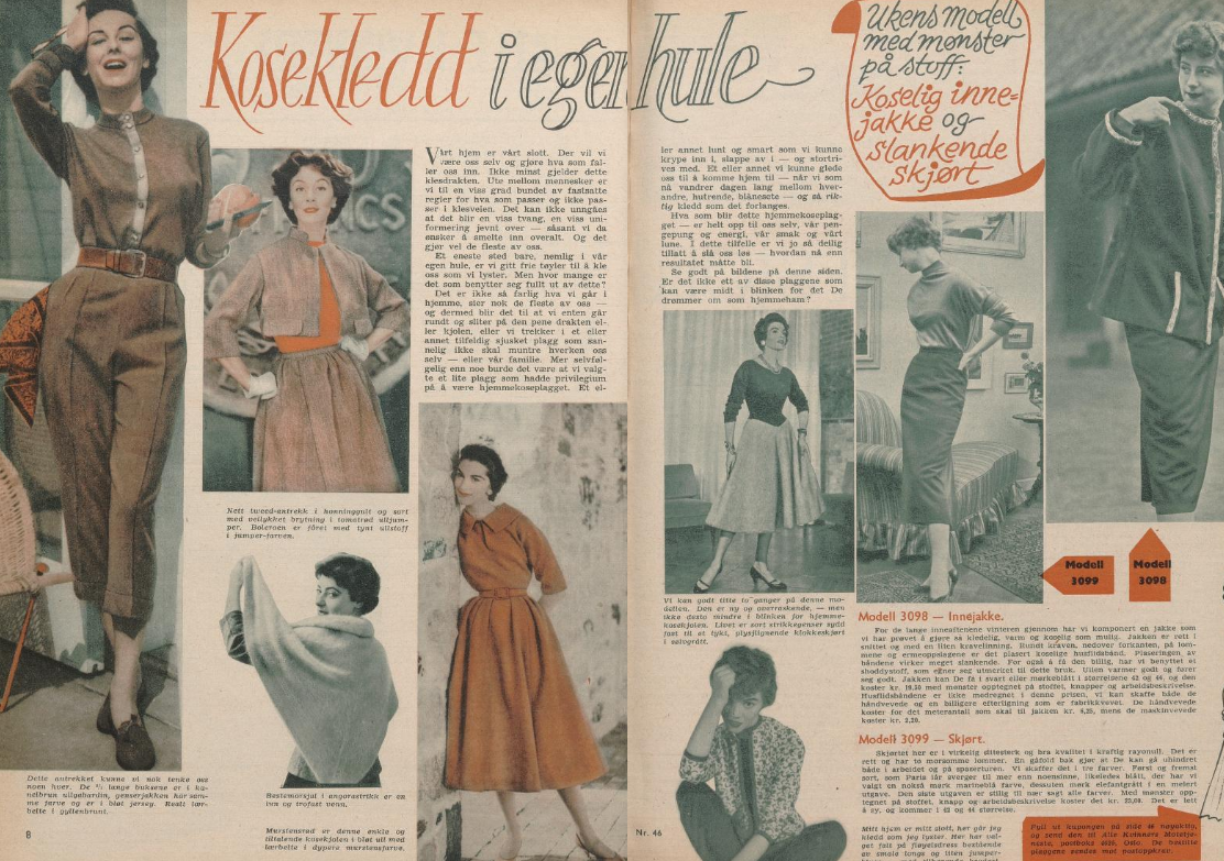 Double spread from an old women's magazine showing cozy ways to dress.