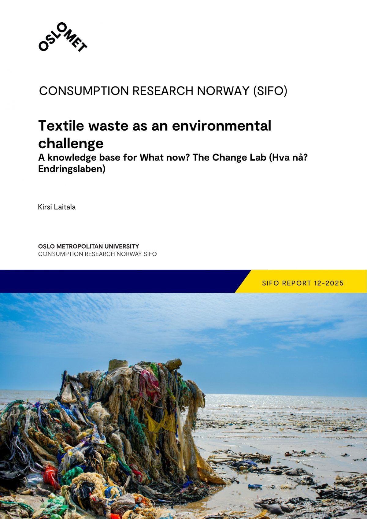 Report cover with photo showing textile waste on a beach in Sierra Leone.